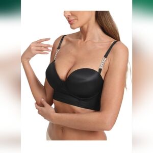 Black Longline Bra with Rhinestone Buckle Straps, Sweetheart Neckline